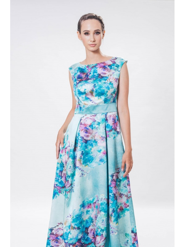 Rochie lungă turcoaz cu imprimeu floral
